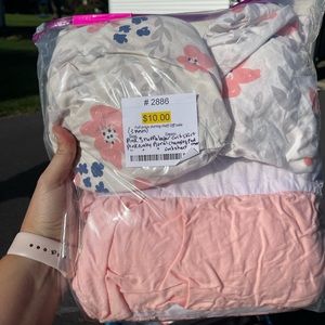 Pink navy floral crib sheet, changing pad cover, rail guards and bed skirt